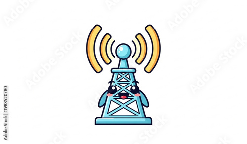 Cute cartoon radio tower character with signal waves playful communication vector isolated on white background
