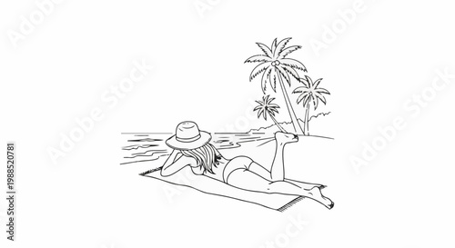 Woman sunbathing on beach with palm trees and ocean waves