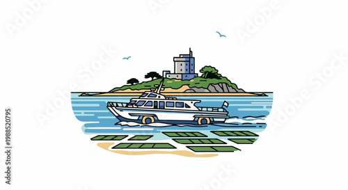 A white passenger boat travels on blue water near a small island with a tower