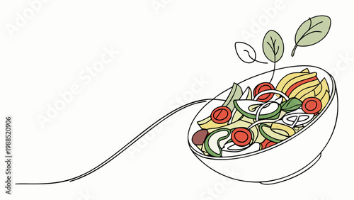 Fresh, vibrant salad in a white bowl with delicate green leaves and a long spoon.