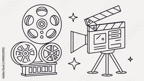 Classic film reel and movie camera evoke the magic of cinema and storytelling.