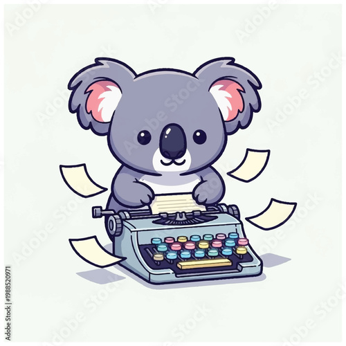 Cute cartoon koala on typewriter machine.
