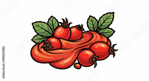 Vibrant red rosehips and green leaves with flowing orange accents