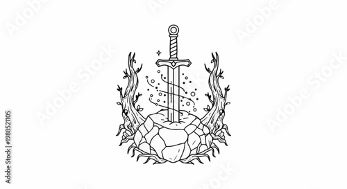 Sword plunged into rock, with magical wisps and twisted branches