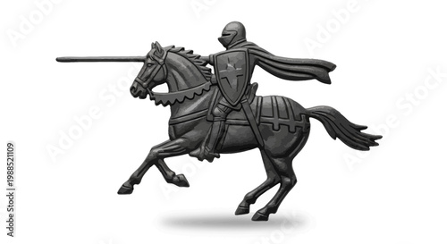 A medieval knight on horseback with a sword and shield in a dynamic pose
