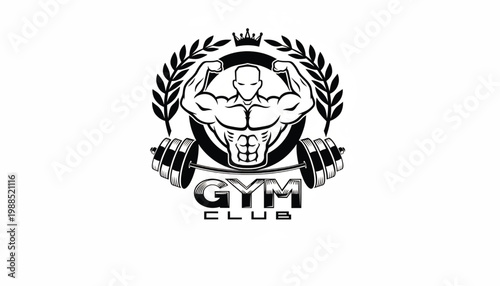 Gym elite bodybuilding emblem with muscular arm flex, laurel wreath, barbell icon, and GTM club text badge