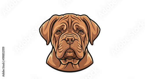 A close-up illustration of a brown mastiff dog's face with deep wrinkles