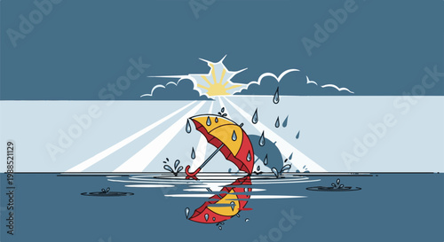 Sun shines through clouds on a rainy day as an umbrella reflects in water