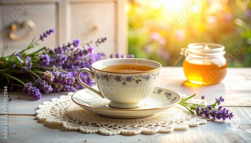 Delicate porcelain teacup filled with warm beverage, accented by lavender and honey in morning sunlight