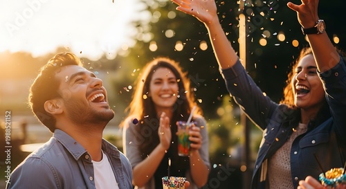 Young adults celebrating outdoors happily together.