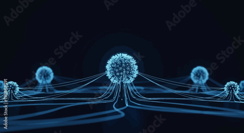 Virus particles with connecting fibers.