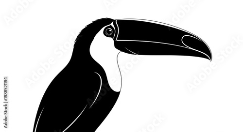 A black and white vector illustration of a toucan's head and upper body in a minimalist silhouette style