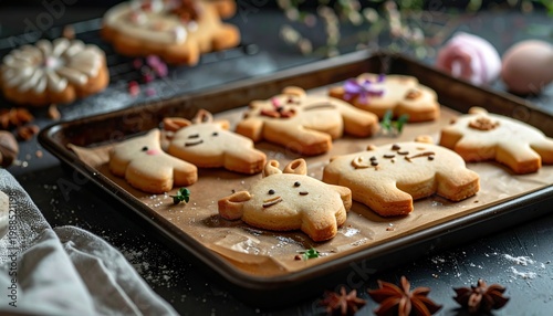Delicate sugar cookies shaped as animals on a baking tray, perfect for festive holiday celebrations.