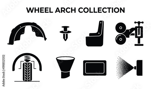 Automotive wheel arch vector collection with fender liner and accessories