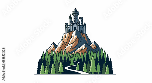 A stylized medieval castle perched atop a rocky mountain, surrounded by dense evergreen forest