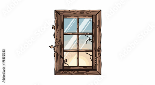 An old, weathered wooden window frame with cracked panes and creeping vines