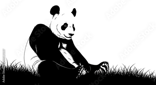 A black and white vector illustration of a panda bear sitting in grass