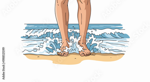 Bare feet stand at the edge of the ocean as waves crash around them