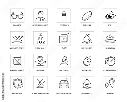 Optical and eyes icons set. Suitable for products for eyes, eyeglasses, lens, and other optical devices. The outline icons are well scalable and editable. EPS10.