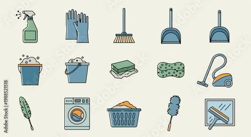 Collection of household cleaning supplies and equipment for chores