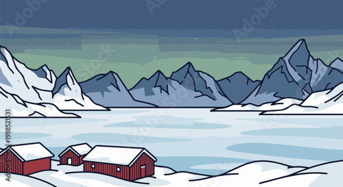 Cozy red cabins dot a snowy landscape under a twilight aurora