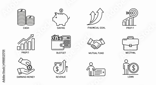 Financial icons illustrating money, savings, profit, and investment concepts