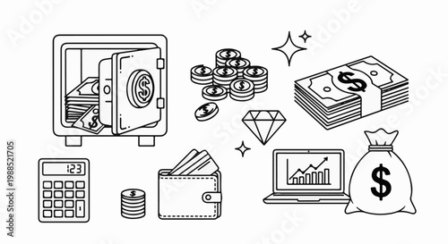 Financial icons safe, coins, bills, calculator, wallet, laptop, and money bag