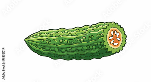 Green gourd, with bumpy skin, shown whole with one end sliced revealing seeds