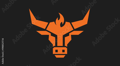 Geometric orange bull head logo with flame on black background