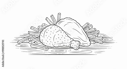 Illustration of fried chicken pieces with french fries on a wooden surface