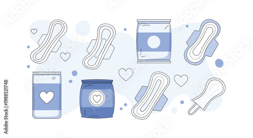 Collection of feminine hygiene products including sanitary pads and blue packaging decorated with heart symbols on a soft blue abstract background.