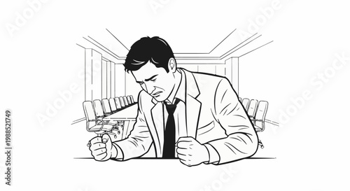 Man in suit with clenched fists, looking frustrated at a table in a conference room