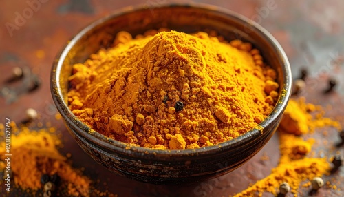 A close-up view of a dark bowl filled with bright golden turmeric powder, showcasing its vibrant color and fine texture for culinary use.