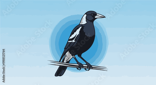 Illustration of a black and white bird perched on a thin branch against a blue backdrop