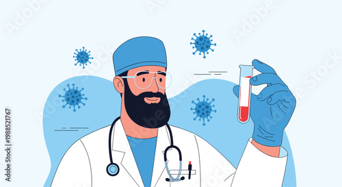 Male doctor with a beard wearing a medical coat and gloves holding up a test tube containing a blood sample against a background with virus icons.