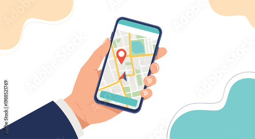 Hand holding a modern smartphone displaying a digital navigation map with red location pins and routes over a background of abstract shapes.