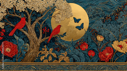 Elegant art nouveau botanical panel with red birds golden moon and blooming peonies