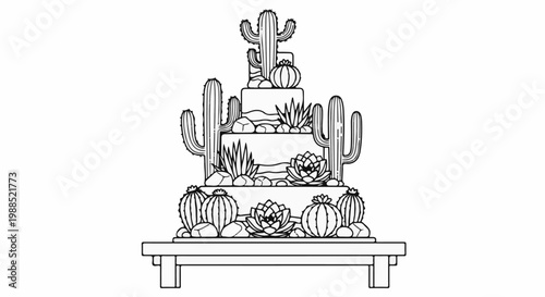 Multi-tiered cake adorned with various desert succulents and cacti