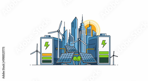 Modern cityscape powered by renewable energy sources like solar and wind