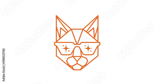 Geometric orange cat head wearing glasses line art icon