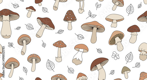 Seamless pattern of various wild mushrooms and fallen autumn leaves in neutral earthy tones of brown beige and cream for a natural woodland theme.