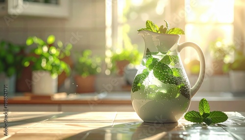 A Ceramic Pitcher Filled With Mint Water on a Sunlit Kitchen Counter