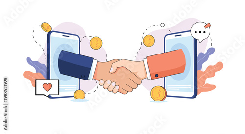 Two hands emerging from smartphone screens to shake hands symbolizing digital business deals online agreements and successful remote partnerships.