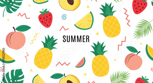 Seamless pattern of various summer fruits including pineapples peaches strawberries and watermelons with tropical leaves and geometric shapes.