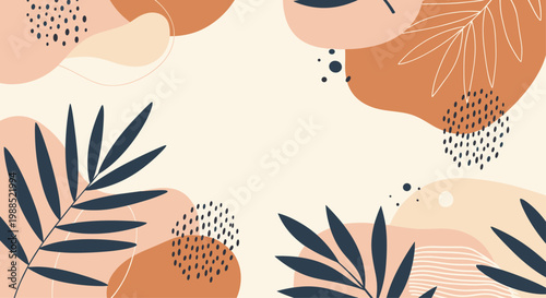 Abstract artistic background with organic shapes leaf silhouettes and dotted patterns in a warm earthy color palette of brown peach and dark blue.