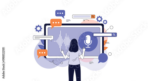 Modern concept illustration of woman interacting with digital sound waves and microphone on a large tablet screen for podcasting theme.