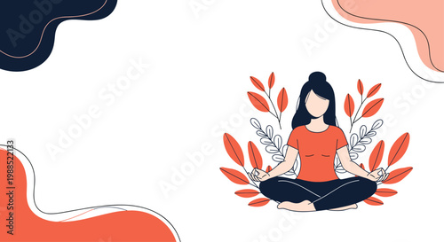Peaceful woman performs yoga meditation while seated in lotus position surrounded by decorative orange leaves and abstract shapes on white.