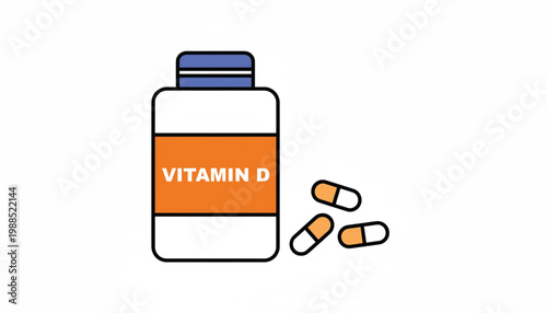 Vitamin D supplement bottle with orange label and capsules icon for health, nutrition, and dietary wellness illustration