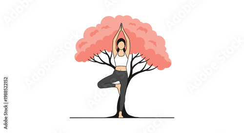 Woman practicing yoga tree pose (Vrksasana) under a blooming pink tree, symbolizing balance and nature