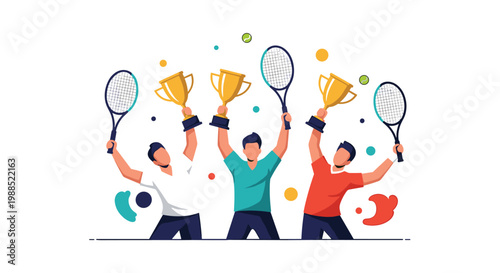Successful tennis team celebrates their victory by raising golden trophies and tennis rackets high in air among colorful celebratory dots.